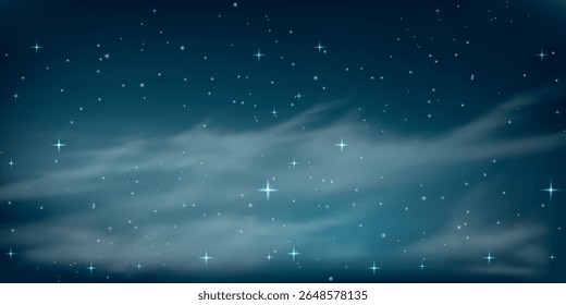 céu noturno com um gradiente escuro, pontilhado por estrelas pequenas. Várias nuvens claras e fofas são visíveis no primeiro plano, flutuando horizontalmente.