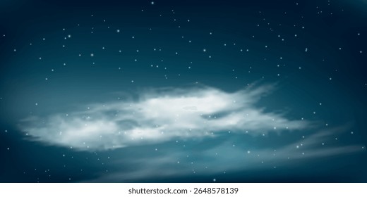 night sky with a dark gradient, dotted with small stars. Several light, fluffy clouds are visible in the foreground, floating horizontally.
