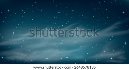 night sky with a dark gradient, dotted with small stars. Several light, fluffy clouds are visible in the foreground, floating horizontally.