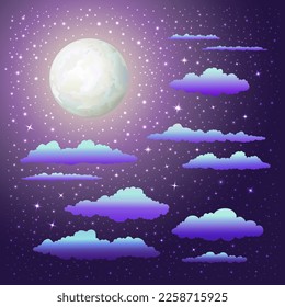 The night sky is dark purple with many stars, a shining moon and clouds on a square background. Space, galaxy and universe. Vector illustration.