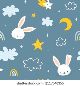 Night Sky Doodle Pattern With Cute Rabbits Heads. Seamless Vector Print For Nursery Fabric, Wallpaper, Textile.