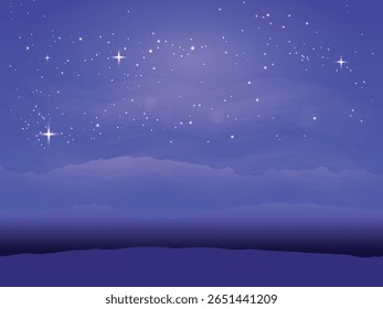 O céu noturno, pontilhado de estrelas, acima da silhueta de colinas ou horizonte. A atmosfera é calma e mística, dominada por tons escuros de azul.