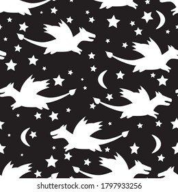 Night sky  dragons , cute characters black and white vector chalk seamless pattern on black background. Concept for wallpaper, textile 