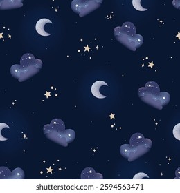 Night Sky Dreamland Pattern with clouds, moon, and stars. Nursery baby dreamy sky background. For fabric, wrapping paper, kids apparel, wallpaper baby playroom or nursery.