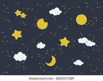 Night sky elements graphic, great for creating designs for kids' garment printing, greeting cards, bedding, and pyjama artwork.