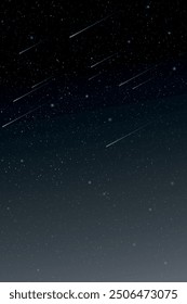 Night sky with falling meteorites and a lot of stars vertical background graphic illustration. Shooting stars and stardust in the universe. 