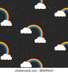 Night sky fantasy kid seamless pattern. Star confetti, clouds and rainbow boy grey wallpaper and fabric design.