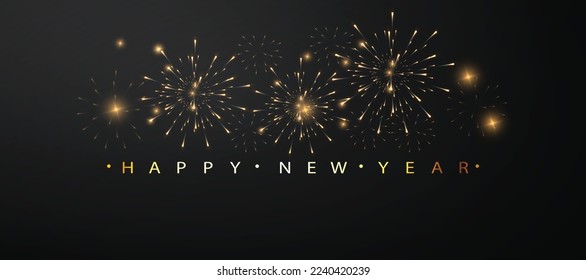 Night Sky firework background. Happy New Year 2023 Vector background. HD wallpaper design EPS 10 design. Black background with golden text effect and golden fireworks