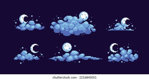 Night sky with Fluffy clouds pixel art icon set. Smoke or fog with stars, sky elements logo collection. 8-bit sprite. Game development, mobile app. Isolated vector illustration.