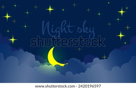 The night sky with fluffy clouds,bright stars and a sleeping crescent in the spirit of the magic of oriental fairy tales and a dreamy atmosphere.Flat design for wallpaper, postcard.Vector illustration