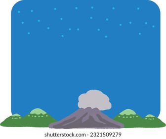 Night sky frame of Sakurajima and mountains Hand drawn style