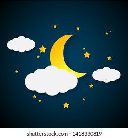 The night sky is full of clouds, moons, and yellow stars.