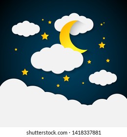 The night sky is full of clouds, moons, and yellow stars.