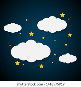 The night sky is full of clouds, moons, and yellow stars. icon-vector