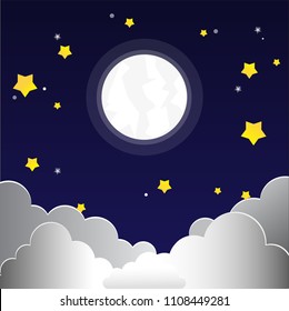 Night sky with full moon, clouds and stars background, Vector illustration