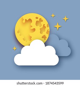 Night sky with Full Moon. Cloudy sky. Stars. Paper cut Weather.