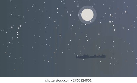 Night sky with full moon and distant silhouette of mountain range under starry sky
