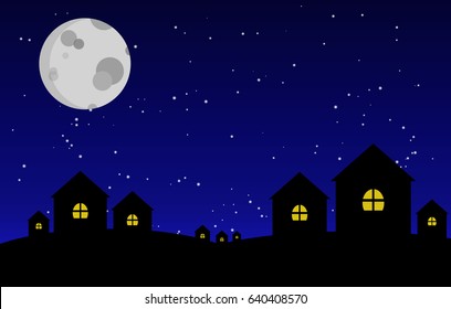 Night sky with full moon with house silhouettes vector illustration