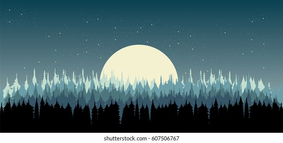 Night sky and full moon over dark forest
vector nature illustration, landscape