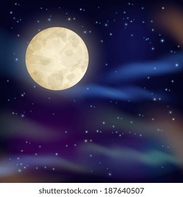 Night sky with full moon and sparkling stars on dark background vector illustration