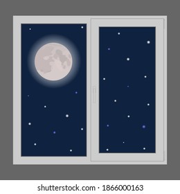 Night sky with full moon and stars outside the window isolated on gray background. Vector illustration