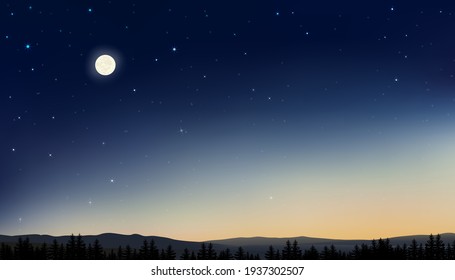 Night Sky with Full Moon and Stars Shining, Landscape Dramatic Dark Blue Sky, Beautiful Panoramic view of Natural Dusk Sky and Twilight behind mountain and pine trees forest. 