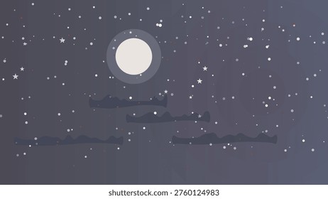 Night sky with full moon and stars over distant mountain range in serene landscape