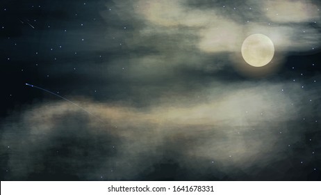 Night sky with full moon in thick clouds, vector photorealistic illustration