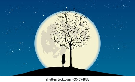 Night sky full of stars and big full moon with lonely girl under old tree silhouette
vector nature illustration, beautiful