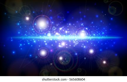Night sky, galaxy with stars, Lens flare shining blue vector background with sparkles and light effect