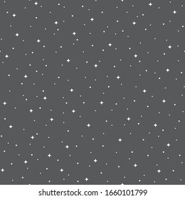 Night sky, galaxy with tiny stars, sparks seamless repeat flat style vector pattern. Black and white simple monochrome cosmic, cosmical background, space texture. White dots, spots, sparkles, specks.