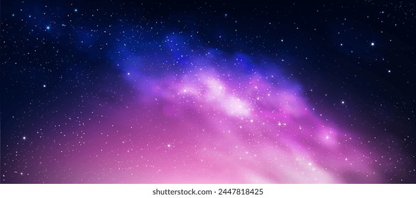 Nachthimmel Galaxie, Wolke mit Nebel, Sternenhimmel im dunkelblauen Hintergrund, Universum gefüllt mit Sternenlicht in Lila, Pink, Wunderschöne Natur Sternenfeld mit Milchstraße, Horizont Banner farbenfroher Kosmos, Sternenstaub 