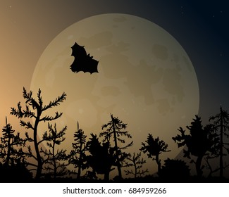 The night sky with glow vector illustration. A bat flies over the forest. Big yellow moon.