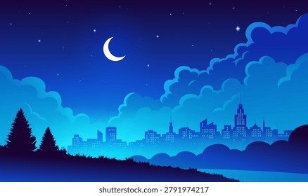 Night sky glows with crescent moon and distant stars. Blue clouds drift above a quiet city skyline. Silhouetted trees stand by calm waters at the edge. City lights shine softly