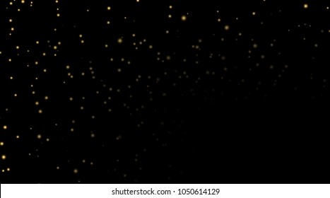 Night sky with gold stars on black background. Dark astronomy space template. Galaxy starry pattern wallpaper. Shiny golden stars, night sky universe. Cosmos stars wallpaper Vector illustration