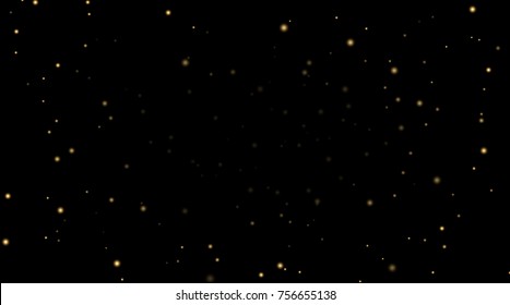 Night sky with gold stars on black background. Dark astronomy space template. Galaxy starry pattern wallpaper. Shiny golden stars, night sky universe. Cosmos stars wallpaper Vector illustration