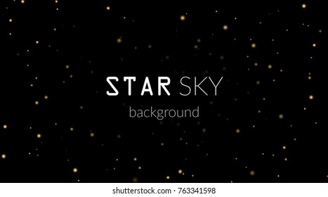 Night sky with gold stars on black background. Dark astronomy space template. Galaxy starry pattern for wallpaper. Shiny golden stars night sky universe. Cosmos stars wallpaper Vector illustration