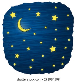 Night sky hand draw vector illustration with stars and moon