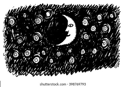 Night sky hand draw vector illustration of crescent and stars. Doodle style. Isolated