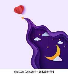 Night sky and heart form hot air balloon in paper cut style. Cut out 3d background with violet and blue gradient cloudy landscape with star on rope and moon papercut art. Vector card illustration.