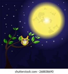 The night sky. Huge moon and owl on the tree. Vector illustration