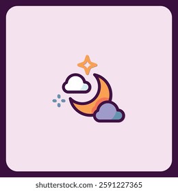 Night Sky Icon with Crescent Moon, Stars, and Clouds