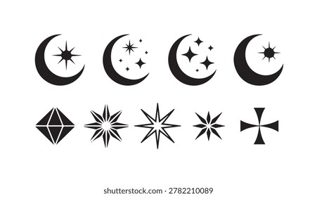 Night sky icons featuring moon phases and sparkling stars alongside mystical diamond and cross graphic signs.