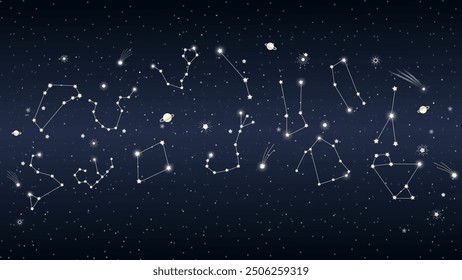 Night sky illustration featuring constellations and planets against a starry backdrop. Perfect for astronomy-related content, educational material, or backgrounds for space-themed designs.