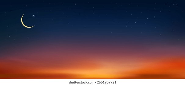 Night Sky, Islamic card with Crescent moon,Star on Sunset Sky,Horizon Nutural Ramadan Sky for religions symbolic of Muslim culture for Generous Ramadan,New Moon,Prayer time.Eid Mubarak,Eid al Adha,Eid al Fitr 
