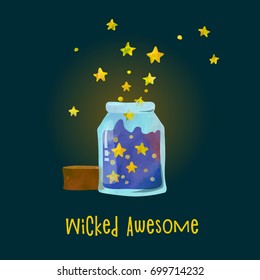 Night sky in the jar. Cartoon style. Halloween poster, t-shirt or postcard design. Watercolour imitation.