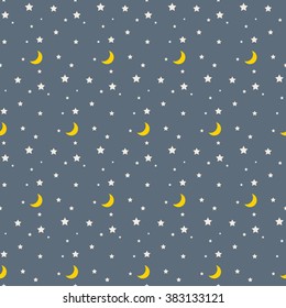 Night sky kid seamless pattern. Stars and moon boy blue vector wallpaper and fabric design.