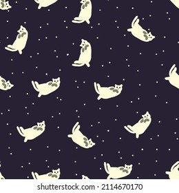 night sky, kitty cat, space, animals pet kids seamless pattern background, fabric and textile surface design, wrapping paper motif, gift cover texture, hand drawn wallpaper decor, minimal vector