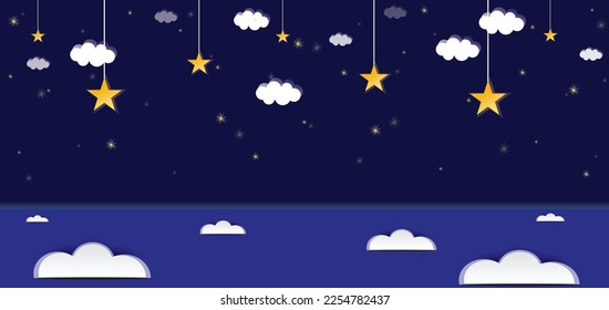 Night sky landscape with blue backdrop, clouds and stars. good night sweet dreams card. Vector illustration.
