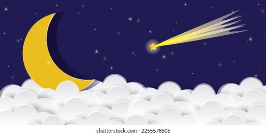 Night sky landscape with blue backdrop, clouds, meteor and stars. good night sweet dreams card. Vector illustration.